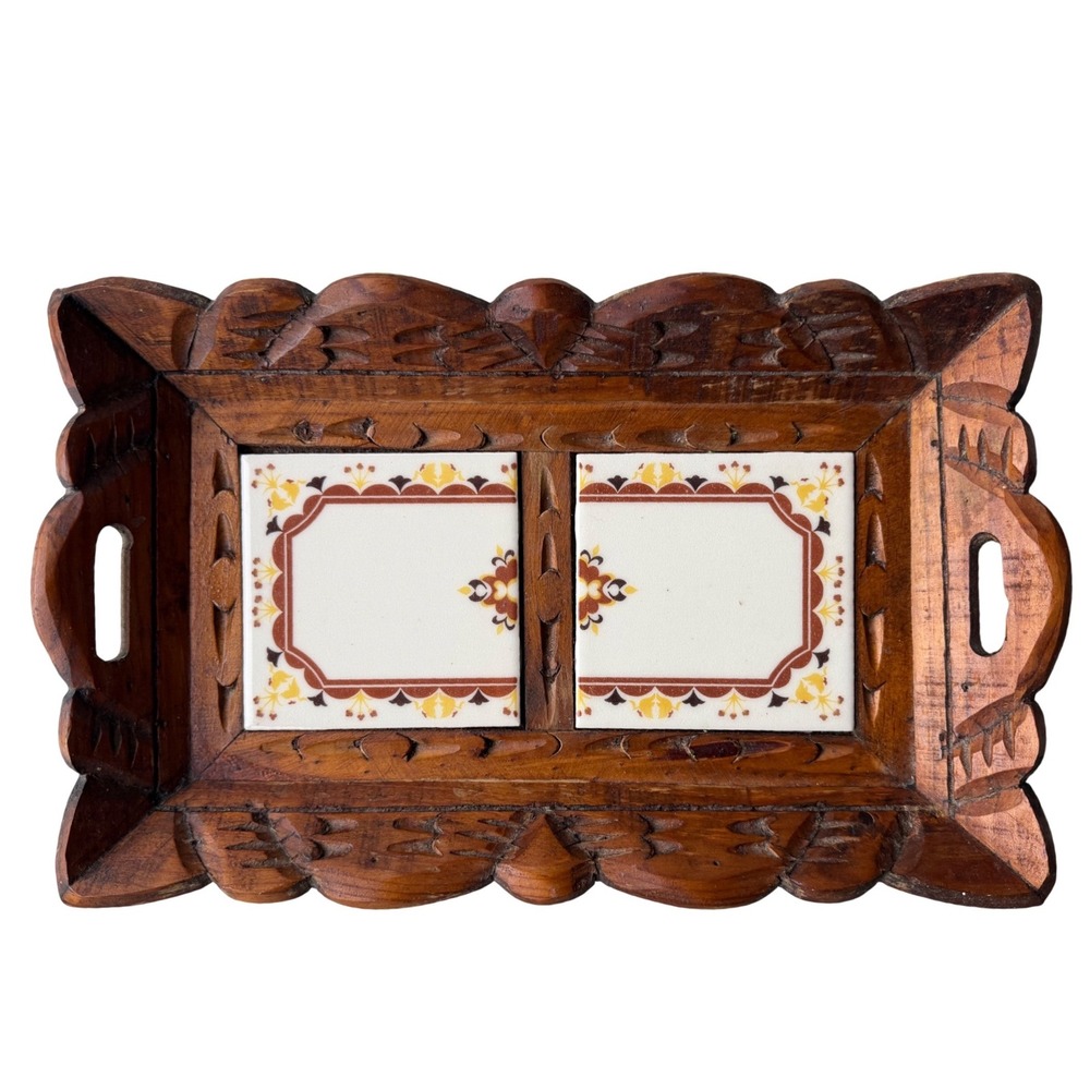 Vintage Hand Carved Wood Serving Tray Ceramic Tile Inlay Scalloped Edge Boho 15"